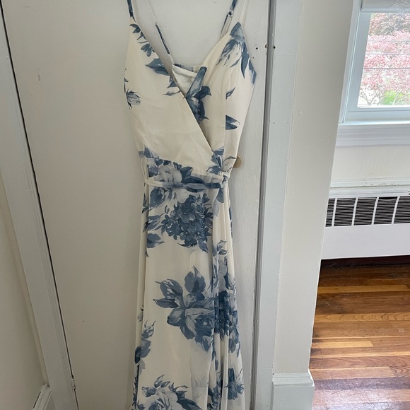 Lulus Elegantly Inclined Cream and Blue Floral Print Wrap Maxi Dress - Picture 2 of 4